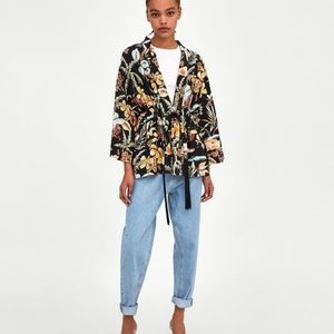 Zara S/M Tropical Kimono Fringe Tie Floral Top